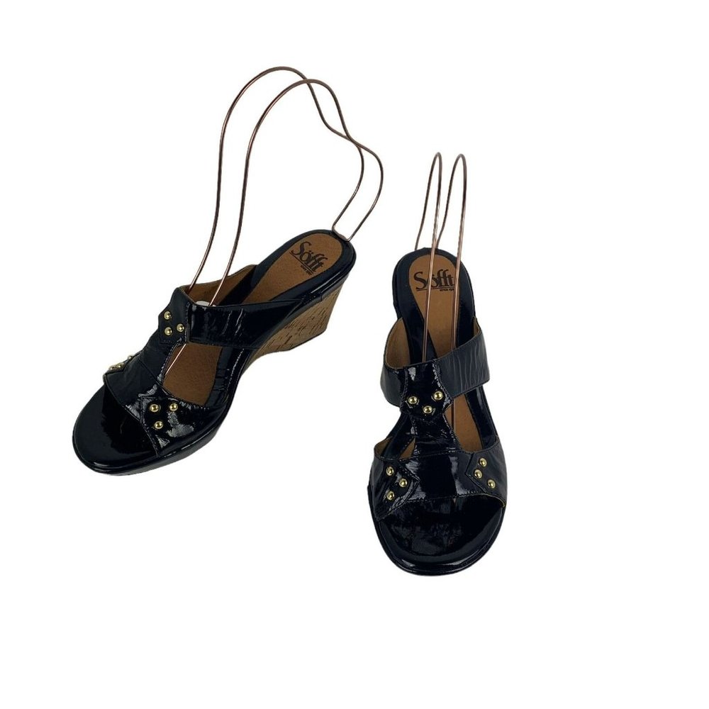 Sofft Black Patent Leather Wedge Sandals Cork Heel Studded Slip On 8M